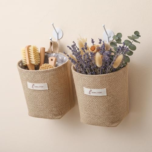 2 Pack Hanging Basket for Door, Small Wall Hanging Storage Bags Jute Wall Basket Decor Foldable Walls Hangings Baskets Boho Camper Decorative Bag for Key, Sunglasses, Wallet on Door,with Mounting Hook
