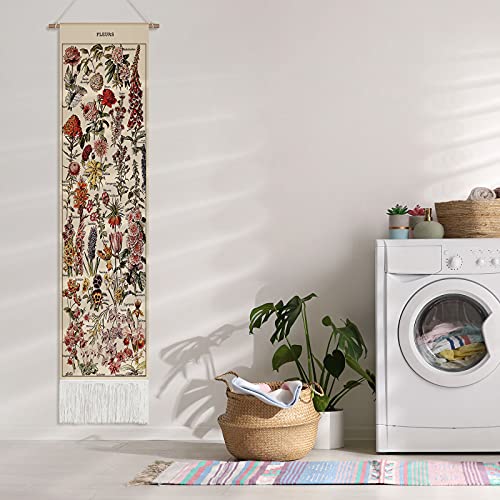 Tegeme Vintage Tapestry 52 x 13 Inch, Long Vertical Wall Hanging Reference Illustrative Botanical Tassel Tapestry for Bedroom Living Room Home Decoration(Flower)
