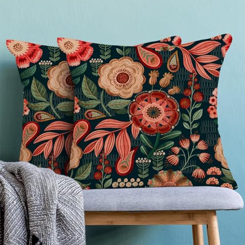 Boho Floral Pillow Covers 18x18 Set of 2, Spring Red Flower Outdoor Decorative Botanical Flowers Tropical Leaves Throw Pillows Retro Green Floral Couch Cushion Case for Chair Sofa Bedroom - color: Vc7, size: 18" x 18" (Pack of 2)