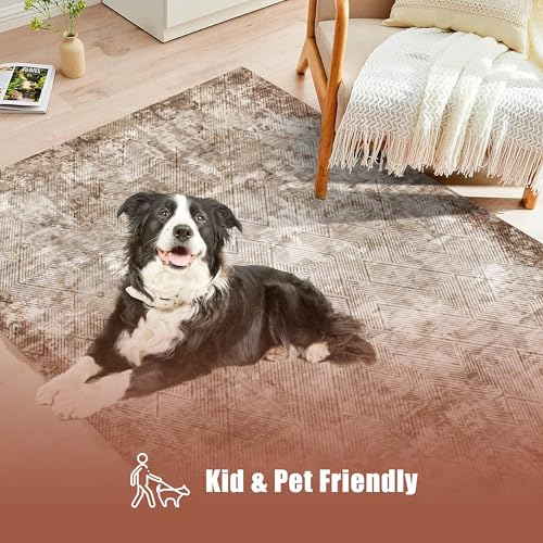 YARNSCAPE 3' x 5 ' Washable Area Rug - Low Pile Soft Vintage Indoor Rug for Living, Dining or Bedroom - Lightweight Carpet with Non-Slip Backing - Foldable for Easy Placement, Brown - color: Texture-brown, size: 3' x 5' (Rectangular)