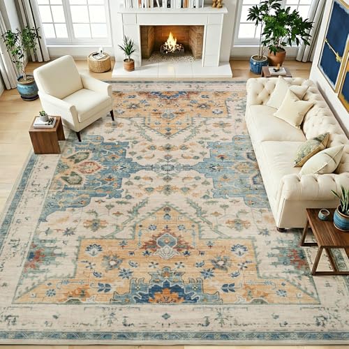 9x12 Area Rugs for Living Room, Large Machine Washable Area Rug, Low Pile Non Slip Boho Rug, Stain Resistant Carpet for Bedroom Dinning Room Nursery Farmhouse Office Home-Blue/Gold/Beige - color: Blue/Gold/Beige, size: 9' x 12' (Rectangular)