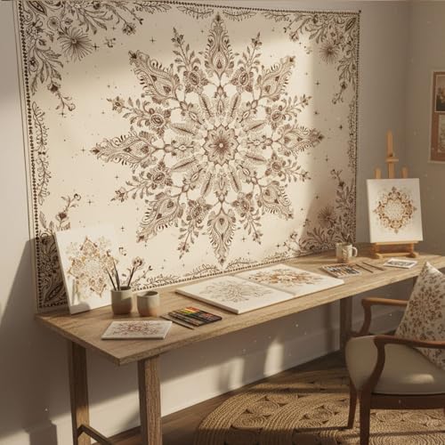 Accnicc Boho Floral Mandala Tapestry Wall Hanging Bohemian Beige Flower Tapestry Aesthetic Hippie Indian Extra Large Tapestries for Bedroom Living Room Dorm Decor 90 x 68 Inch - color: Beige White, size: 90"L x 68"W