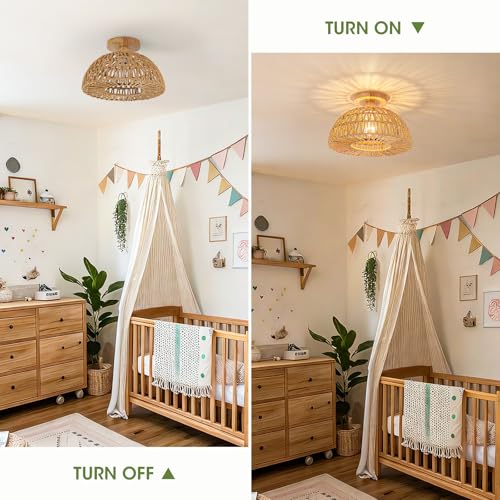 Boho Ceiling Light Fixtures,Rattan Light Fixture,Small Boho Chandelier Hand Woven Ceiling Light with Wooden Base,Rattan Flush Mount Ceiling Lights for Bedroom Hallway Kitchen Entryway Nursery - color: Brown-B