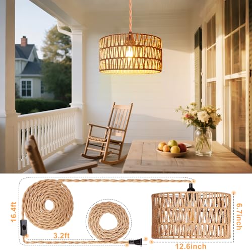 Hanging Light Ceiling Lamp Pendant Lights Rattan Hanging Lamp with Plug in Cord for Living Room Bedroom Kitchen Indoor Hanging Lamp Plug in Woven Lampshade - size: 12.6 Inch - Cylindrical Shade
