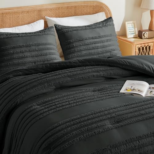 BEDELITE Boho Twin/Twin XL Comforter Set，Dark Grey Tufted Striped Bed Set 2 Pieces, Soft Vintage Farmhouse Comforter for College, Boho Home Dorm Decor, Fluffy Jacquard Bedding with 1 Pillow Sham - color: Dark Grey, size: Twin/Twin XL