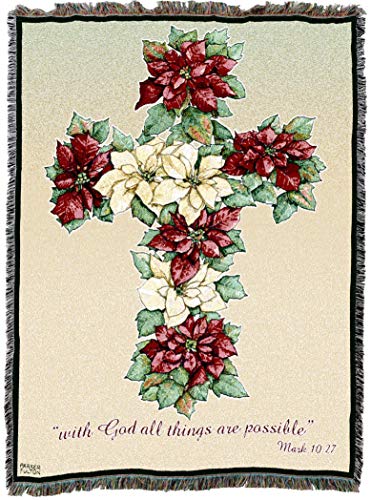 Poinsetta Cross Blanket by Parker Fulton - With God All Things Are Possible - Scriptures Mark 10:27 - Sympathy Bereavement Gift Tapestry Throw Woven from Cotton - Made in the USA (72x54) - color: Poinsetta Cross, size: 72" x 54"