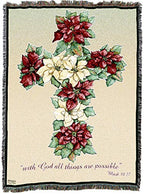 Poinsetta Cross Blanket by Parker Fulton - With God All Things Are Possible - Scriptures Mark 10:27 - Sympathy Bereavement Gift Tapestry Throw Woven from Cotton - Made in the USA (72x54) - color: Poinsetta Cross, size: 72" x 54"