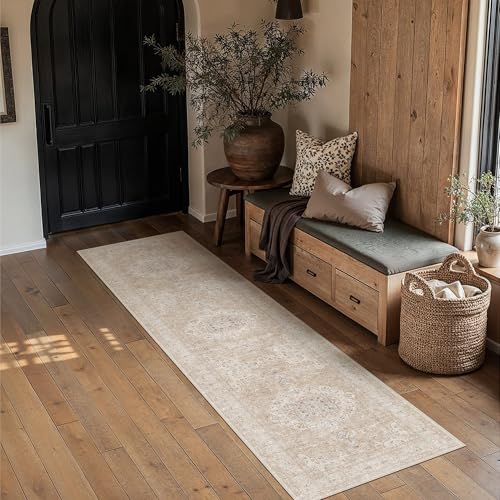 HUGEAR Hallway 2x8 Runner Rugs Machine Washable Rugs Vintage Beige Non-Shedding Low Pile Persia Throw Carpet Non Slip for Living Room Bedroom Dining Room Kitchen Office Home Decor - color: Beige Ⅱ, size: 2' x 8' (Runner)