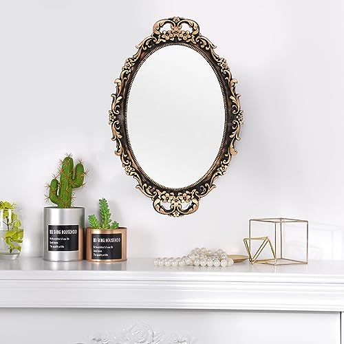 Tstarer Vintage Decorative Gold Framed Mirror, Wall Hanging Mirrors & Tabletop Tray for Bedroom Living Room Dresser Decor, Oval- 9.6" W x 14.3" L (Bronze) - color: Bronze