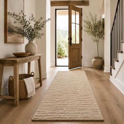 FRELISH DECOR Runner Rug, 2.5x8 Feet - Premium Wool & Jute Blend Handwoven Rug - Natural Fiber Chunky Stripe Design for Hallway, Entryway, Bedroom, and Dining Area: Natural Ivory - size: 2.5' x 8' (﻿Rectangular)