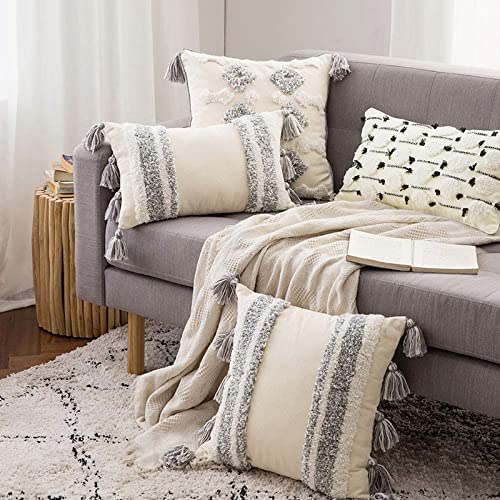 Boho Tufted Lumbar Throw Pillow Covers - Farmhouse Neutral Decorative Cushion Cover with Tassels - Rectangular Woven Pillow Covers for Couch Living Room Sofa (12X20 inch, Vertical Stripe)