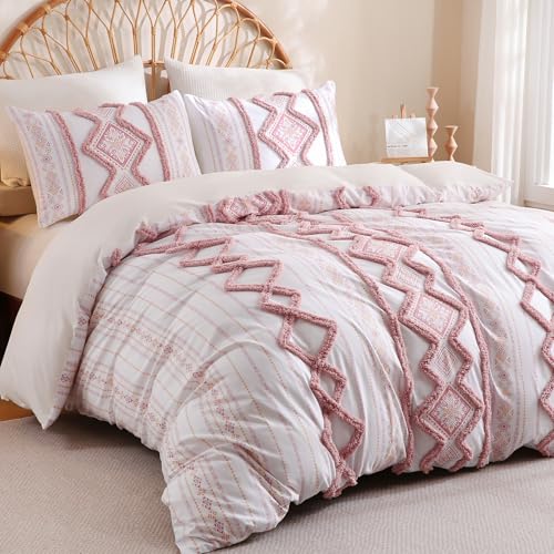 Herside 100% Cotton Boho Duvet Cover Set Queen Size,Shabby Chic Aztec Western Pink Tufted Bedding,Farmhouse Luxury 3 Piece Textured Quilt Duvet Set for All Season Home Decor - color: Pink, size: Queen(No Comforter)