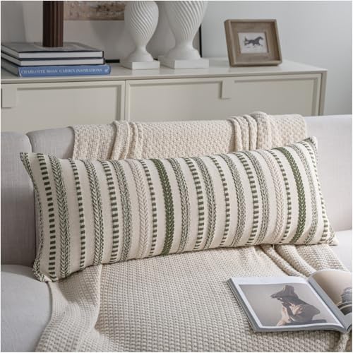Cethom Green Boho Lumbar Pillow Covers 14x36 Long, Stripe Textured Decorative Couch Pillow Cases for Bed, Sofa, Living Room, Bedroom, Farmhouse Home Accent Cushion Covers, Pack of 1 - color: Green, size: 36" x 14" (Pack of 1)