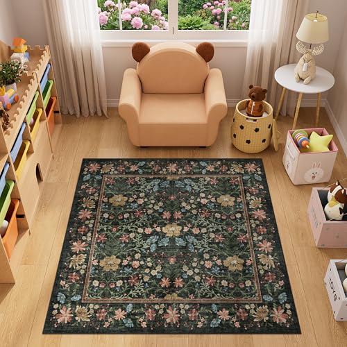 DUKINO 4x4 Square Rug for Living Room, Soft Vintage Floral Washable Rug with Non Shedding, Non Slip & Low Pile Floor Carpet for Entryway, Bedroom, Kitchen, Home Office, Kids Playroom, Black - color: Black, size: 4' x 4' (Rectangular)