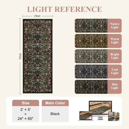 DUKINO 2x5 Washable Runner Rug, Floral Non Slip Bathroom Rugs with Soft Low Pile Design, Lightweight Non-Shedding Carpet Runner for Bathroom, Kitchen, Hallway, Bedroom, Laundry, Black - color: Black, size: 2' x 5' (Rectangular)