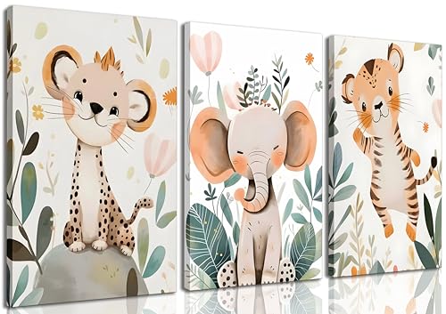 3 Pcs Safari Animals Nursery Canvas Wall Art Jungle Animals Cheetah Elephant Tiger Kids Room Illustration Pictures Wall Decor Posters Print Artwork for Classroom Boy's Girl's Room Bedroom - color: Animal-Canvas, size: 16"L x 12"W