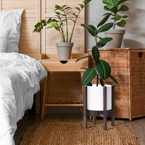 D'vine Dev Planter Pot with Stand - 8 Inch Plastic Cylinder Flower Pot with Wood Planter Holder for Indoor, Matte White Pot + Walnut Color Stand, 55-C-I-1 - color: Matte White Pot + Walnut Color Stand, size: 8 Inch