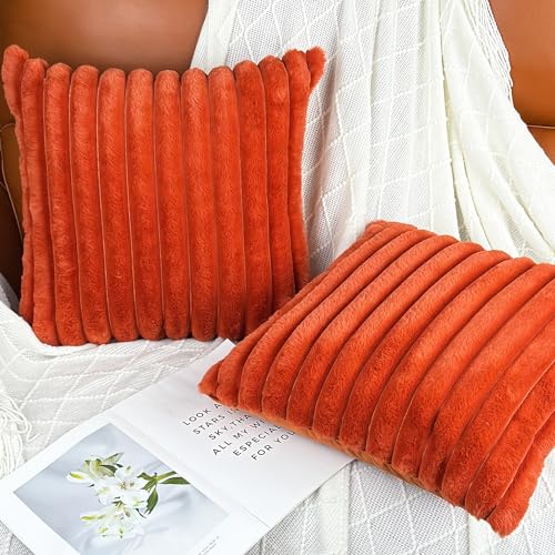 18x18 Throw Pillow Covers Set of 2, Decorative Faux Fur Covers for Bed, Couch Soft Fluffy Pillow Cover with Velvet Back for Living Room, Neutral Home Décor Accent for Sofa - Burnt Orange - color: Burnt Orange, size: 18" x 18" (Pack of 2)