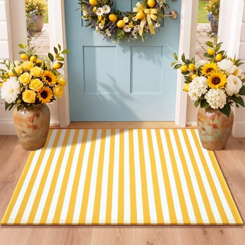 Moucuny Yellow and White Summer Striped Rug 2' x 3' Outdoor Indoor Front Porch Door Mat Polyester Washable Entryway Rug for Kitchen, Bathroom, Living Room, Dorm Farmhouse Decor - color: Yellow and White, size: 2' X 3', style: Vertical Stripe