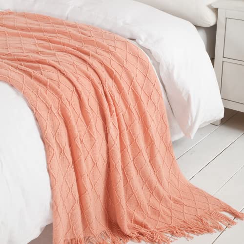BOURINA Orange Throw Blanket 50x60 Inches Throw Textured Solid Soft Sofa Couch Decorative Knit Blanket - color: Coral, size: 50"x60"