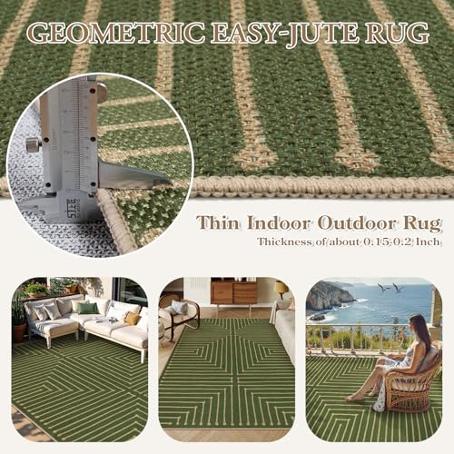 Lahome Neutral Geometric 8x10 Easy Jute Rug, Green Indoor Outdoor Rugs 8x10 for Living Room Office, Farmhouse Rhombus Non Slip Non Shedding Floor Carpet for Patio Backyard Bedroom Decor - color: Green/Nature, size: 8 x 10 feet