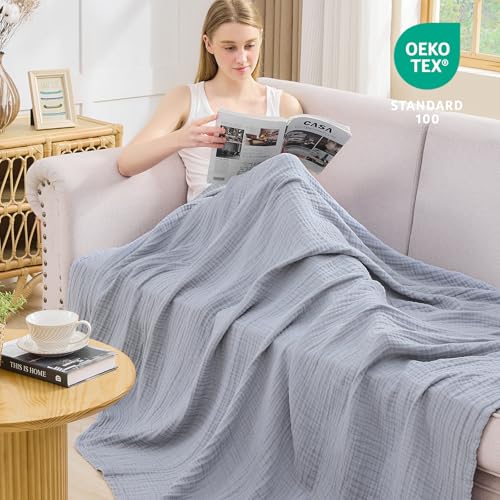 EMME Cotton Muslin Throw Blanket Couch Breathable Gauze Blanket Soft Lightweight Blankets Adults (Dusty Blue, 50"x60") - color: 11 - Dusty Blue, size: Throw (50" x 60")