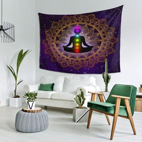 RTAFGU Chakra Meditation Tapestry, Mandala Chakra Meditation, Spiritual Energy Yoga Galaxy Art Aesthetic Wall Hanging Tapestries for Living Room, Bedroom, Dorm Party Home Decoration 91" L x 71" W - color: Chakra Meditation_1502, size: 91"L x 71"W