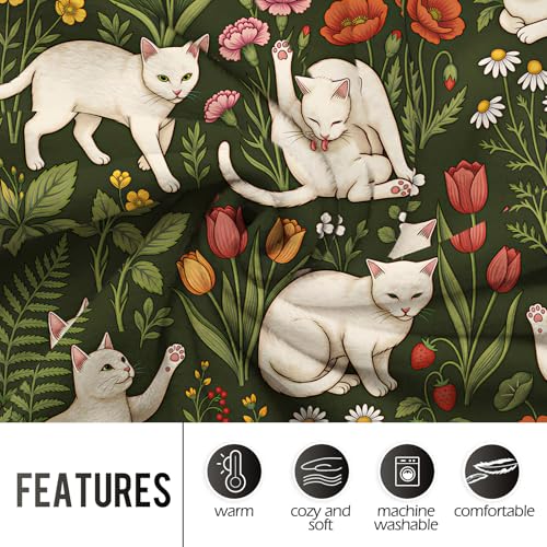 Levens Cat Floral Flannel Throw Blanket 50x60 | Ultra Soft Cozy Fleece | Vintage Botanical Cute Kitty Design for Aesthetic Room Décor Couch Bed Dorm Office Car Nap|Cottagecore Gift for Cat Lovers - color: Green, White, size: 50"x60"