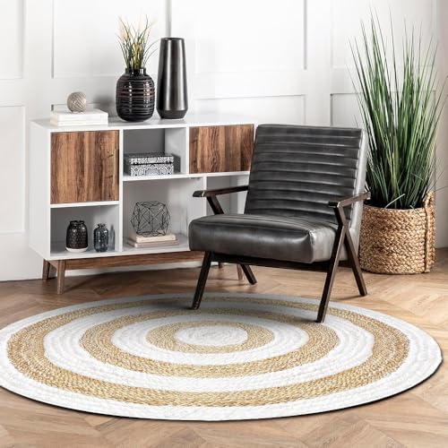 GRUHUM Round Jute Cotton Area Rugs 10ft Natural Fiber Rug with Rings Handwoven Boho Reversible Farmhouse Braided Rustic Vintage Rug Indoor Kitchen Bedroom Living Room Hallways Enterways 10 feet, White - color: Natural /White- 63, size: 10' (Round)