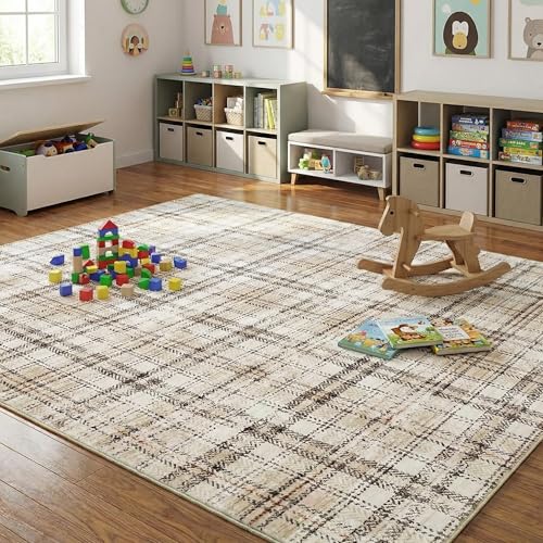 Garvee Washable Plaid 3x5 Rug for Entryway Bedroom Rugs with Non Slip Rubber Backing, Farmhouse Soft Low Pile Rustic Accent Rug for Entrance Living Room Home Decor 3'x5' Plaid|Beige - color: Plaid|beige, size: 3' x 5' (Rectangular)