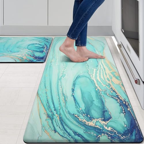 MAYHMYO Kitchen Rugs and Mats Set of 2 Teal Marble Gold Anti Fatigue Mat PVC Non Slip Turquoise Foam Cushioned Kitchen Mats for Floor Dining Room Home Office Sink Laundry - color: Teal, size: 29"L X 17.3"W X 0.4"Th + 47"L X 17.3"W X 0.4"Th