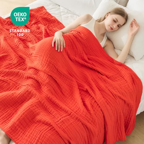 EMME Cotton Muslin Throw Blanket Orange Red, 50"x60" for Couch Breathable Gauze Soft Lightweight Adults - color: 16 - Orange Rust, size: Throw (50" x 60")