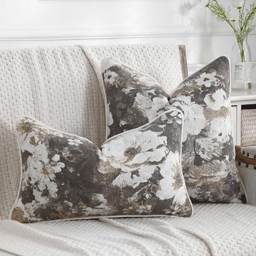 Vintage Floral Throw Pillow Covers 18x18 Set of 2 Neutral Boho Farmhouse Soft Chenille Jacquard Decorative Couch Pillow Covers for Sofa Couch Bed Living Room Home Décor Beige and Taupe - color: Beige and Taupe, size: 18" x 18" (Pack of 2)