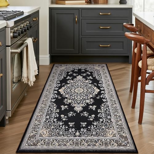 HOMORE Vintage Runner Rug-2x4 Hallway Runner Rug for Entryway Non Slip Washable Bedroom Rug Faux Wool Low Pile Floor Carpet Runner for Kitchen Indoor Front Entrance Laundry Living Room Dorm, Black - color: Black, size: 2' x 4' (Rectangular)