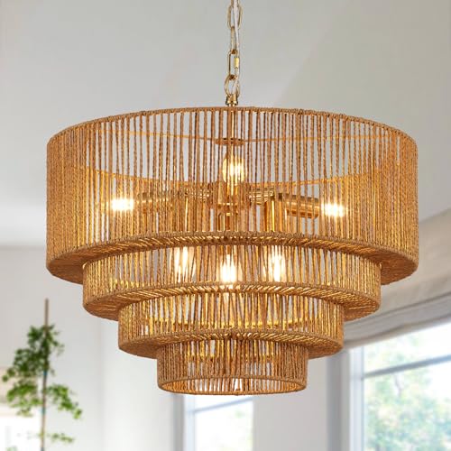 19.7" Hand-Woven Rattan Chandelier Vintage Farmhouse 6-Lights Boho Bamboo Chandeliers Light Fixture Retro Drum Wicker Rattan Golden Chandelier for Dining Room, Kitchen Island, Bedroom, E12 - color: Golden 19IN