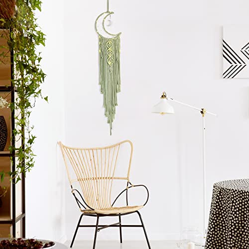 ANROYE Boho Macrame Woven Wall Hanging, Crochet Crescent Moon Star Dream Catcher with Long Tassel- Green Cotton Handmade Bohemian Home Decor Nursery Decoration Art for Kids Bedroom Dorm Room - color: Sage Green, size: With Light