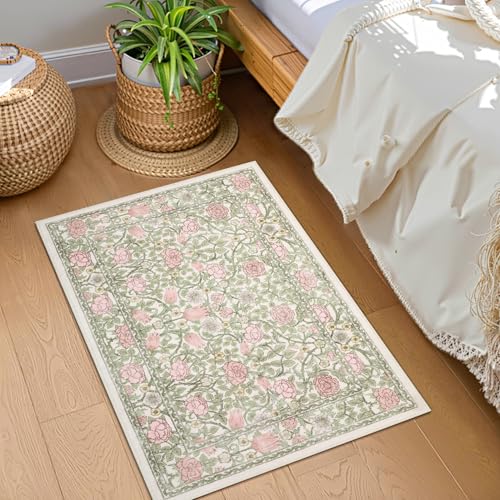 GarveeHome Pink and Green Beige Vintage Floral Small Rug 2x3 Door Mat Indoor Rugs for Entryway Washable Non-Slip TPE Backing Soft Low-Pile Rugs for Bathroom Bedroom Kitchen - color: A Beige / Pink, size: 2' x 3' (Rectangular)