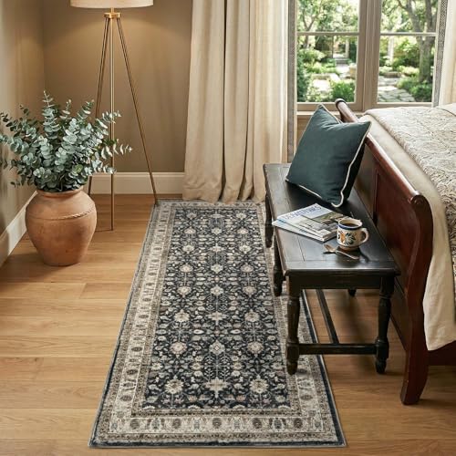 jinchan 2x6 Washable Vintage Runner Rug, Distressed Traditional Floral Kitchen Runner, Soft Low-Pile Non-Slip Floor Mat High-Traffic Aisle Hallway Rug for Entryway Laundry Room Bathroom, Black - color: Oriental Taupe on Black, size: 2' x 6' (Runner)