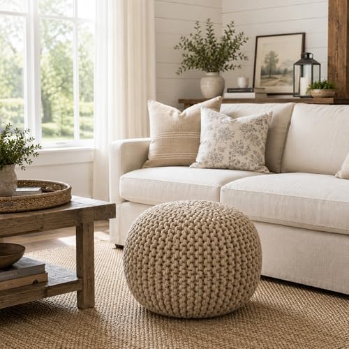 Casafield Round Pouf Ottoman, Beige Ivory - 20" Diameter x 14.5" High Cotton Knit Foot Stool - Boho Floor Pouffe for Living Room, Bedroom, Home Office - color: Beige Ivory, size: 20"D x 20"W x 14.5"H