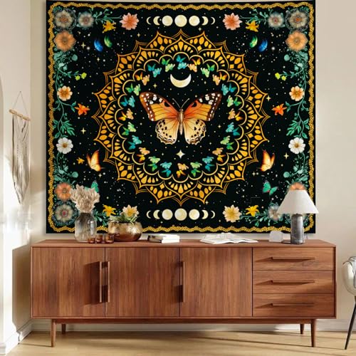 Apdidl Boho Mandala Butterfly Floral Tapestry for Bedroom, Hippie Moon Ceiling Colorful Plant Flower Tapestries Aesthetic, Bohemia Vintage Orange Moth Botanical Wall Hanging for Living Room 51" X 60" - color: Mandala Butterfly Tapestry, size: 60"L x 51"W