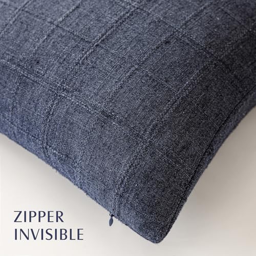 Foindtower Set of 1 Decorative Linen Check Throw Pillow Cover Neutral Farmhouse Vintage Cushion Cover Modern Boho Home Decor for Sofa Chair Couch Bedroom Living Room,16×16 Inch,Navy Blue - color: Navy Blue, size: 16" x 16" (Pack of 1)