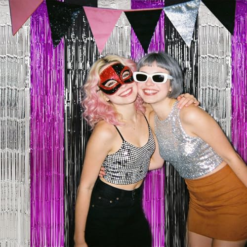 TONIFUL Black Silver Hot Pink Door Streamers,Black and Pink Photo Booth Backdrop Metallic Streamers Foil Fringe Curtain for Birthday,New Year,Graduation,Grad,Baby Shower Party Streamers Decoration - color: Black Silver Rose Red
