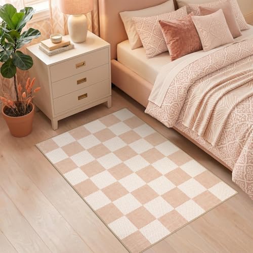 GarveeHome Checkered Blush Beige Neutral Small 2x3 Washable Rug Door Mat Geometric Modern Soft Low-Pile Stain Resistant Rug for Entryway Bedroom Bathroom Kitchen Nursery Non-Slip TPE Backing - color: Blush Beige, size: 2' x 3' (Rectangular)