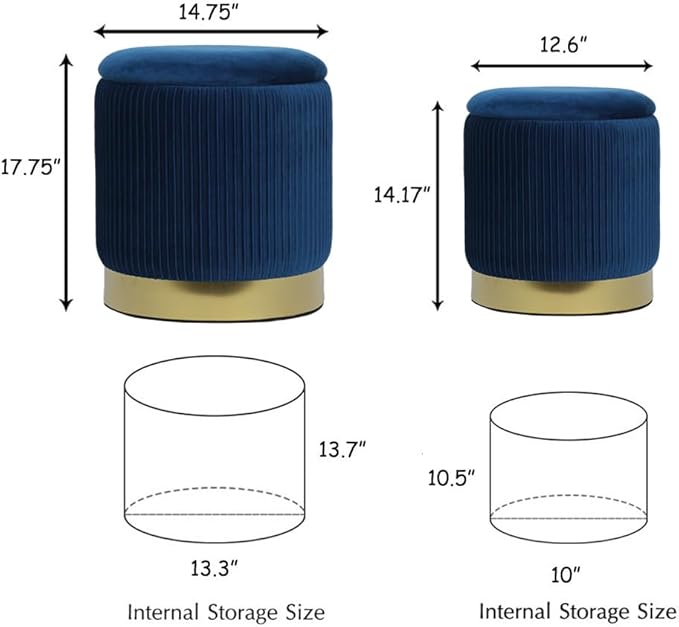 Blue Round Ottoman with Storage Set of 2 Upholstered Velvet Vanity Stool for Living Room Storage Ottomans Multifunctional Foot Rest