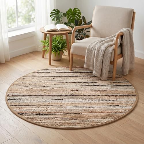Cotton Hand Woven Chindi Area Rug 4 Feet Round - Beige, Reversible Circle Green Dinning Space Floor Rugs Ideal for Bedroom, Living Room, Kitchen | Linen Farmhouse Recycled Patio Mats for Balcony Décor - color: Beige, size: 4' (Round)