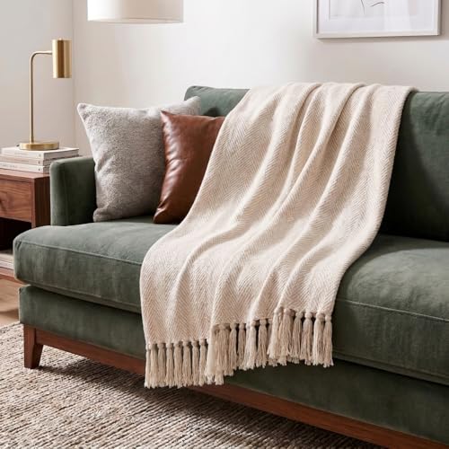 Americanflat 50x60 Throw Blanket - Soft and Breathable Cotton Throw Blanket for Couch, Bed, Chair - Decorative Blankets Perfect for Home, Office, or Outdoor Use - Cream Herringbone Design - color: Zaina Cream Herringbone