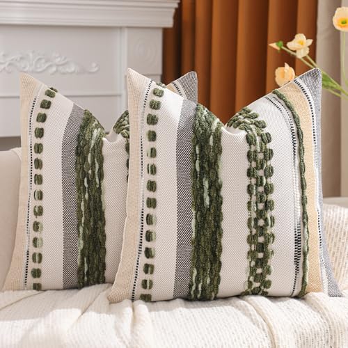 Green Throw Pillow Covers 18x18 Set of 2 Boho Tufted Pillow Covers Striped Decorative Pillow Cases Chenille Pillow Cases Farmhouse Cushion Case Nuetral Textured Pillow Cover Home Decor - color: Dark Green Stripe, size: 18" x 18" (Pack of 2)