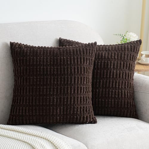 Pack of 2 Corduroy Decorative Throw Pillow Covers 16x16 Inch Soft Boho Striped Pillow Covers Modern Farmhouse Home Decor for Sofa Living Room Couch Bed Dark Brown - color: Brown, size: 16" x 16" (Pack of 2)