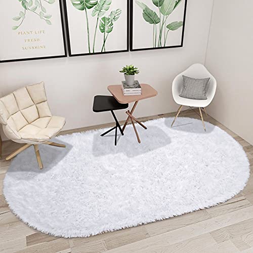 junovo Ultra Soft Washable Shaggy Rug - Non-Slip Oval Carpet for Nursery, Kids Bedroom & Home Decor (2.6x5.3ft White) | Plush Fluffy Floor Mat for Cozy Living Spaces - color: White, size: 2.6' x 5.3'