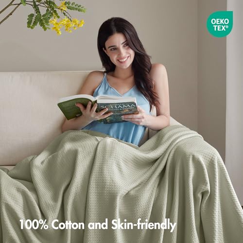 Madison Park 100% Egyptian Cotton Lightweight Summer Blanket, Breathable Waffle Knit Design, Soft Cozy All-Season Throw for Bed, Couch or Sofa, Sage Green King Size (108"x90") - color: Sage Green, size: King
